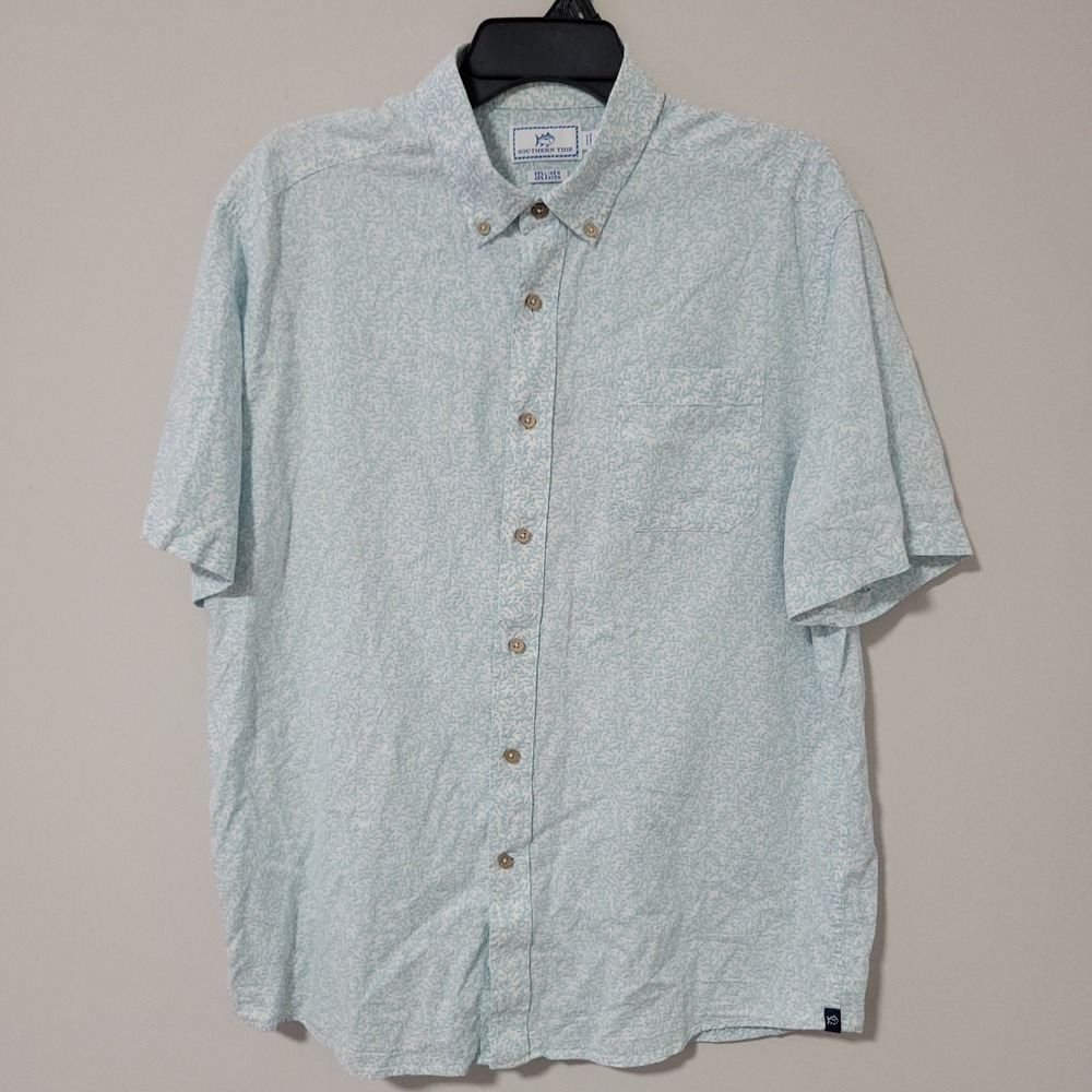 Southern Tide Linen Button Up Shirt Mens Large Blue Coral Coastal Resortwear
